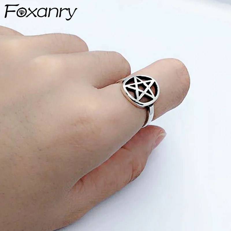 Foxanry Minimalist Silver Color Rings for Women New Fashion Vintage Hollow Stars Geometric Thai Silver Party Jewelry Gift