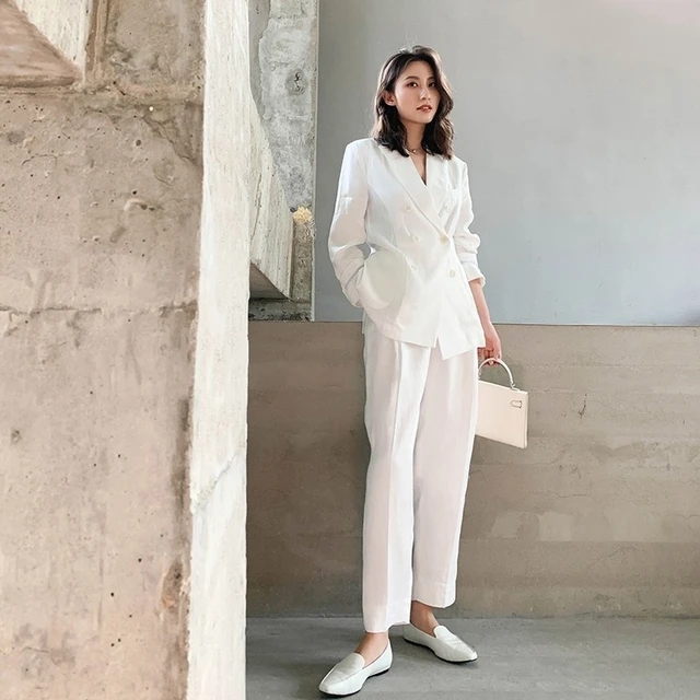 Cotton Women Linen Blazer Trousers 2 Piece Set Elegant Office Lady Solid White Double Breasted Thin Suit Jackets Loose Fit Pants Pant Suits AliExpress