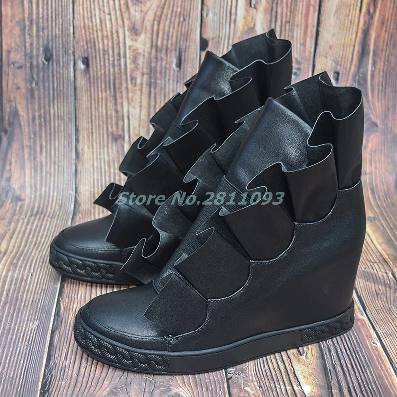 Black Leather Scollop Booties Height Inrease Manufacturer Leather Women Shoes Round Toe 2021 New Arrivals Casual Women Shoes