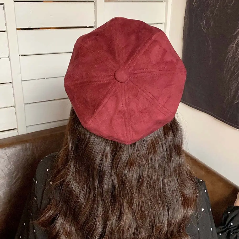 Newsboy Caps Women Autumn Winter Suede Octagonal Cap Pure Color Adjustable Rope Baker Boy Painter Hat Beret