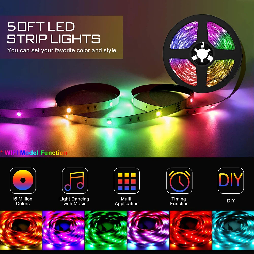 5/10/15M Smart LED Strip Lights DIY RGB Color Changing Lights for Bedroom TV Decor IP65 5050 SMD Flexible Ribbon WiFi Lamp luces