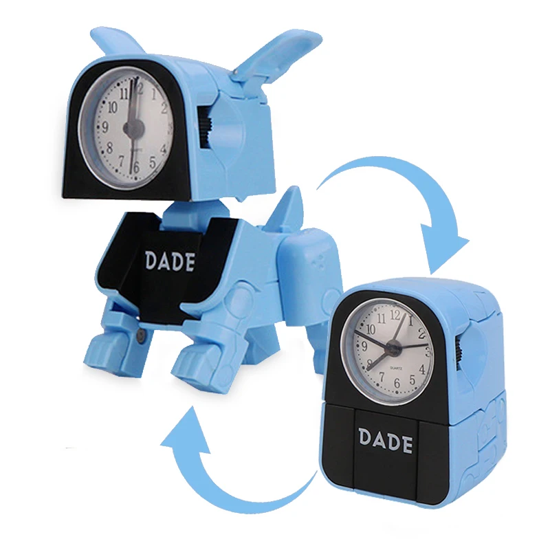 Cute Boy Kids Alarm Clock Cartoon Robot Dog Desk Clock Funny Reversible Toy Bedroom Wake Up Clock Travel Desktop Needle Clocks 