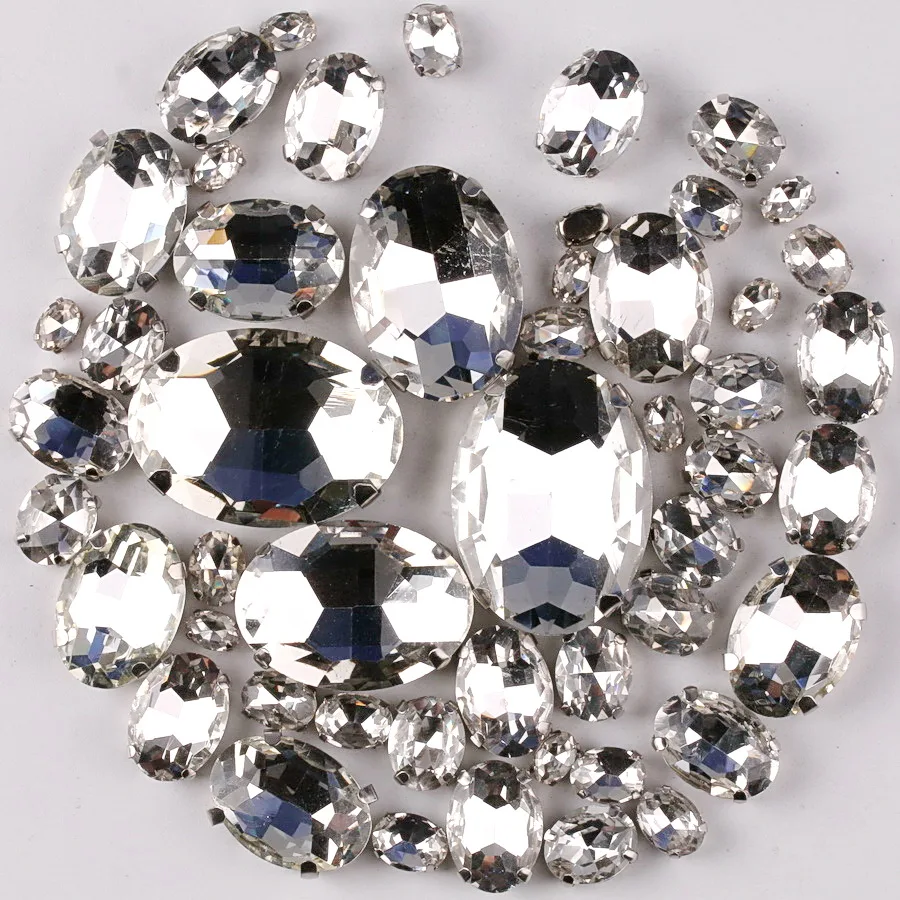 Silberne Krallenfassung, ovale Form, 7 Größen, Mix, 50 Stück/Beutel, Glaskristall, zum Aufnähen, Strassperlen, für Hochzeitskleider, Schuhe, Taschen, DIY-Verzierung – Detail 3