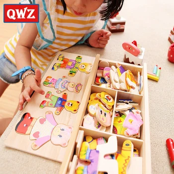 QWZ หมีน้อยเปลี่ยนเสื้อผ้าเด็ก Early Education ปริศนาจิ๊กซอว์ไม้ Dressing เกมปริศนาเด็กของเล่นสําหรับของขวัญเด็ก