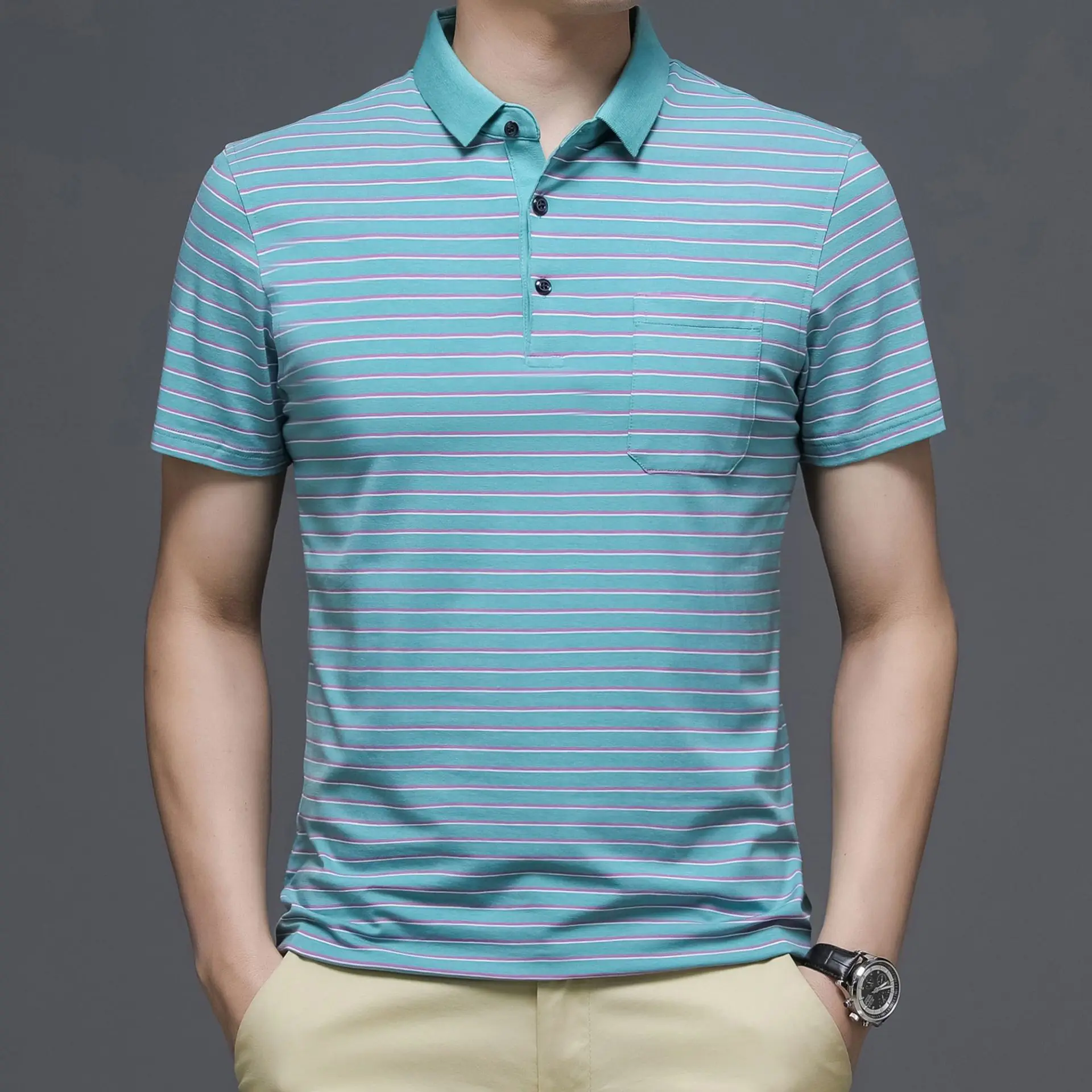 

Anti-wrinkle Cotton And Viscose Blended Striped Polo Fashion Summer Color Contrast Business Short Sleeve Poloshirt Brand Casual