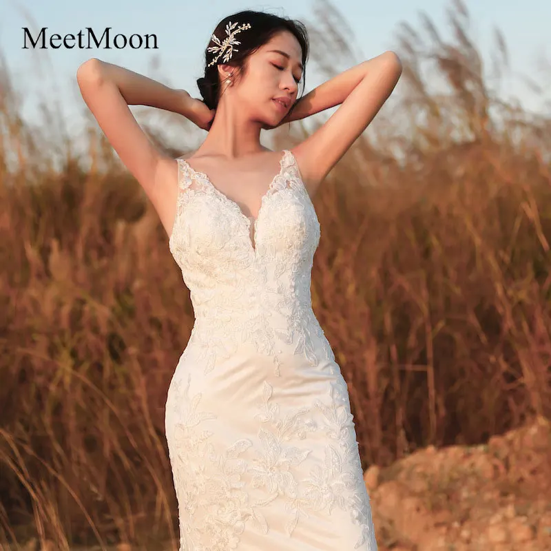 MeetMoon-vestido de novia elegante hecho a mano, con tirantes finos, cuello en V, sirena, Apliques de encaje