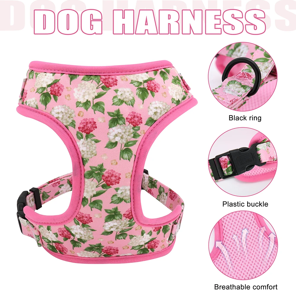 3pcs/Set Personalized Dog Collar Leash Harness Treats Bag Floral Pet Engraved Collar Poop Bag Holder For Small Medium Large Dog