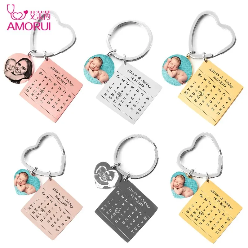 

Personalized Custom Photo Keychain Stainless Steel Engrave Photo Name Calendar Anniversary with Heart Keyring For Women Men Gift