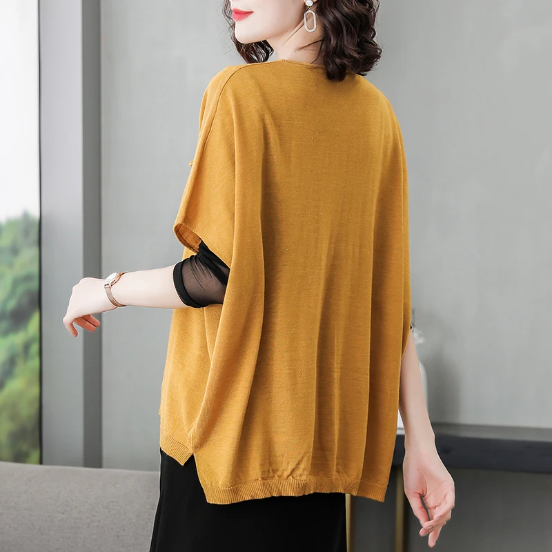 Women Extra Large Wool Blouse Spring Summer Loose Knitwear Female Batwing Sleeve Oversize Knit Tops Short Sleeve Shirts