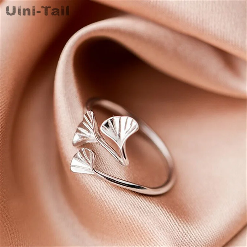 UiniTail new design hot-selling 925 Tibetan silver three ginkgo leaf open ring fashion literary fresh simple girlfriend ring