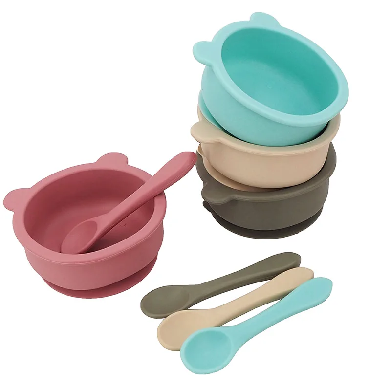 Chenkai 5Set 9 Color Baby Feeding Bowl Bear Shape Food Grade Silicone Anti-Flip Suction Tableware Infant Waterproof Bowl Spoon