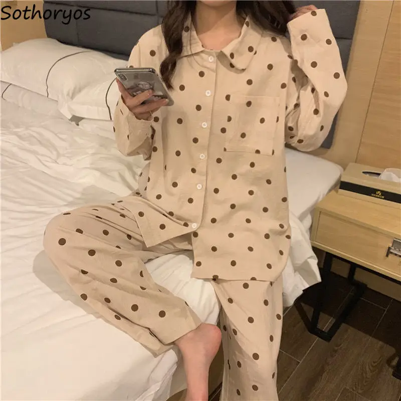 Women Pajama Sets Polka Dot Long Sleeve Single Breasted Pajamas Loose Pants Pocket Student Ulzzang Simple Two-pieces Home Wear