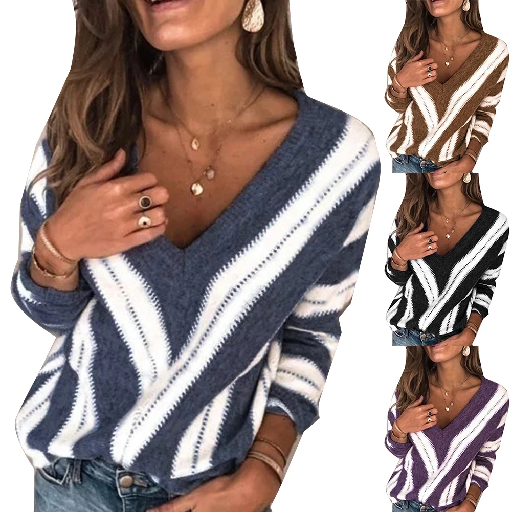 Fashion Women Autumn Long Sleeve V Neck Color Block Loose Plus Size Sweater hot sales 2020