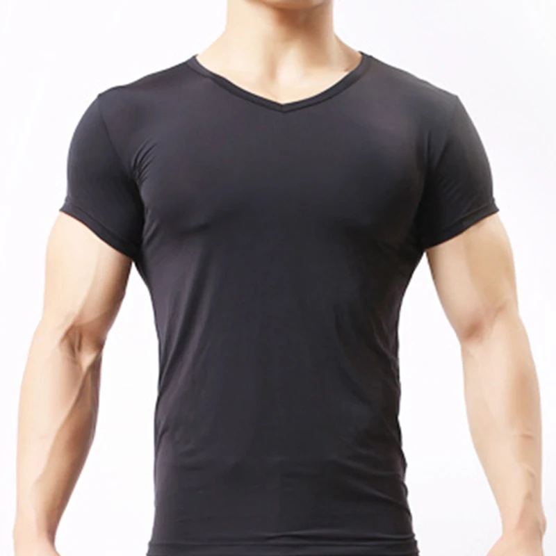 

Mens Undershirts Ice Silk Shorts Sleeve Basic Shirts Sheer Fitness Bodybuilding Singlets Underwear Slim T-shirts 2XL Sleepwear