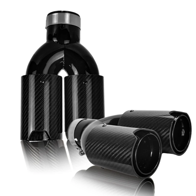 Car Carbon Fiber Glossy Muffler Tip for bmw modificate double outlet  Exhaust Pipe   Universal Stainless Black Mufflers Nozzle