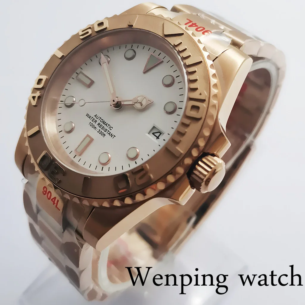 

40mm Men's Mechanical Sterile Watch Sapphire Glass Rose Gold Case Ceramic Bezel Date Window NH35 Movement Automatic