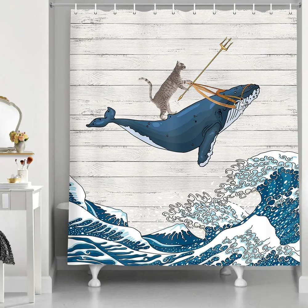 Funny Cat Riding Whale in Ocean Wave on Vintage Wooden Bathroom Curtains Vintage Kanagawa Japanese Wave Art