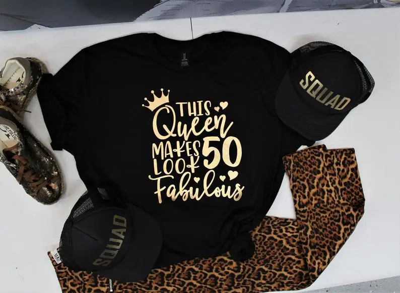 50th Birthday Gifts for Women Birthday Shirt Golden pattern Streetwear Short Sleeve Tees Plus Size O Neck Female Clothing cotton