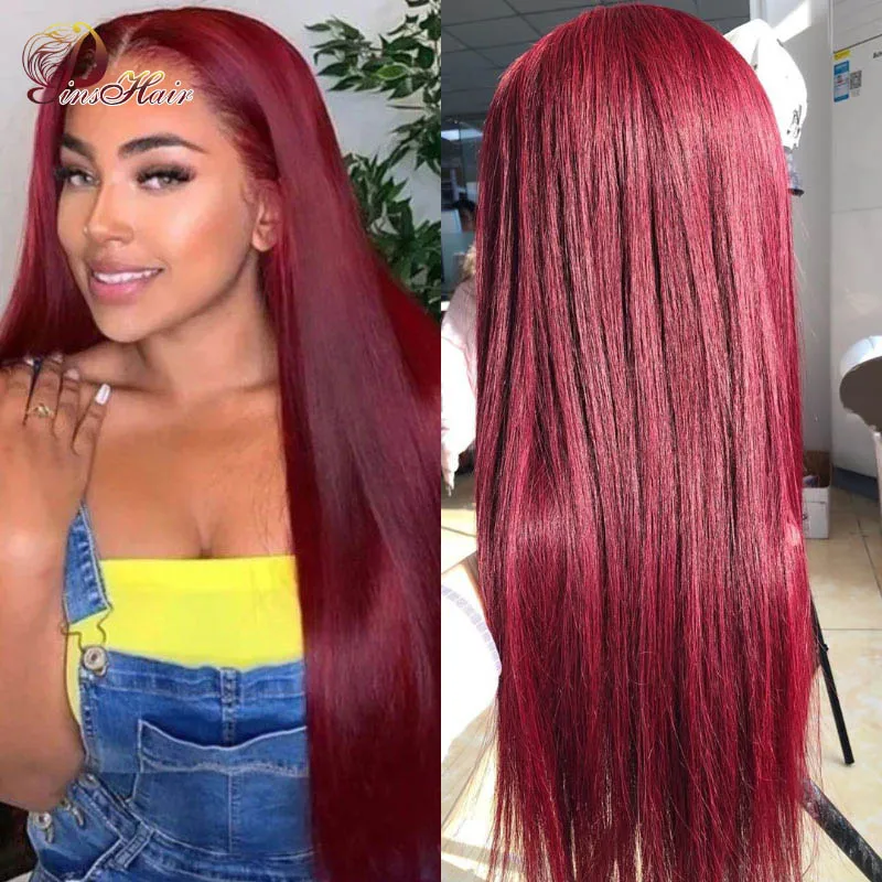 99J Color Lace Front Human Hair Wigs Straight Transparent Lace Front Wig Pre pluched Red 13x4 Lace Front Wig For Women Remy Hair