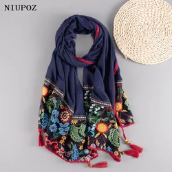 Ethnic Embroidery Women Winter Foulard Elegant Flower Long Scarf Muslim Hijab Shawl Beautiful Travel 85*180cm