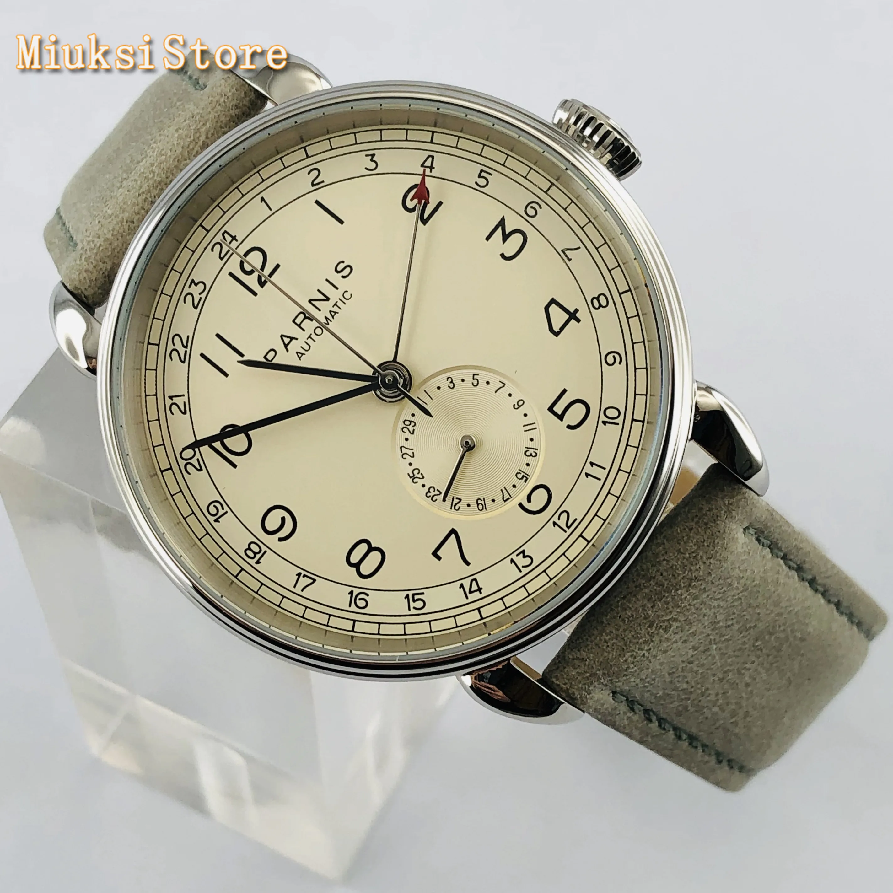 Parnis new top mens automatic mechanical watch 42mm silver case GMT arab mark date window leather mens watches