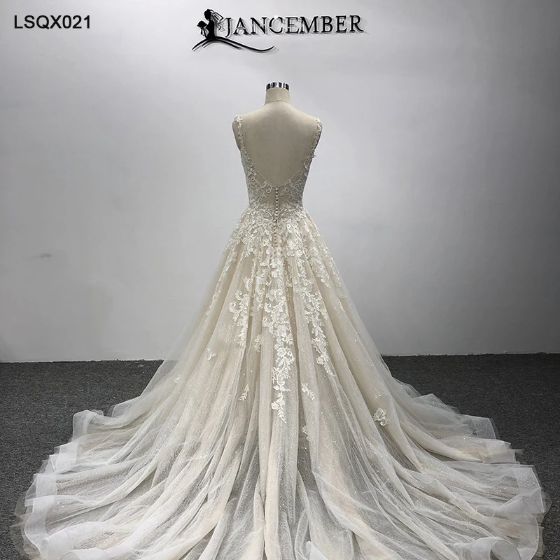 LSQX021 luxury wedding dress plus size Princess lace sleeveless wedding dress a line blackless vestido de novia color champagne