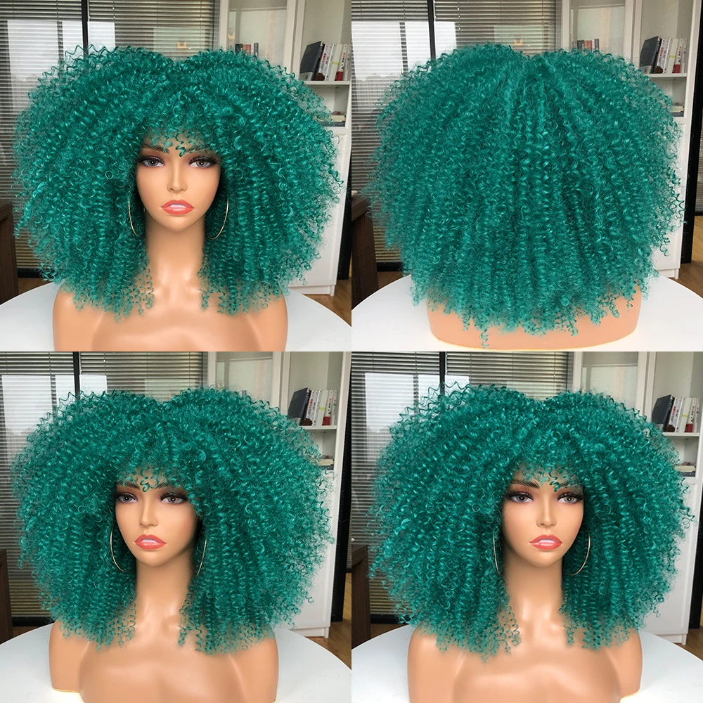 Short Afro Kinky Curly Wigs With Bangs For Black Women 16\'\' Synthetic African Blonde Cosplay Wigs Natural White Green