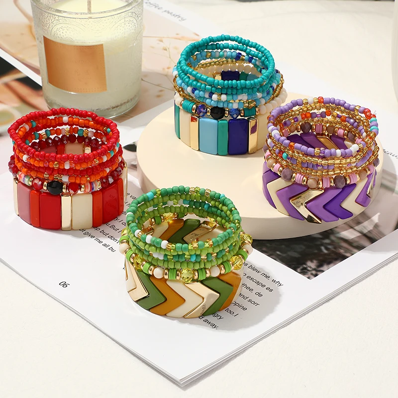 Trendy Acrylic Bohemian Bracelets Set for Women Men Multi-layer Seed Beads Chain Bracelet Bangles Charm Ladies Fashion Jewellery