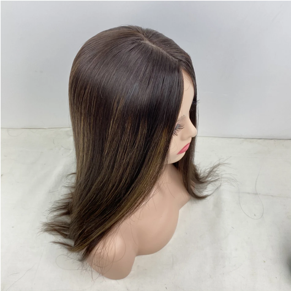 Long Straight Brown Color With Highlights Jewish Kosher Wigs 100% Real Human Hair Sheitel Without Bangs