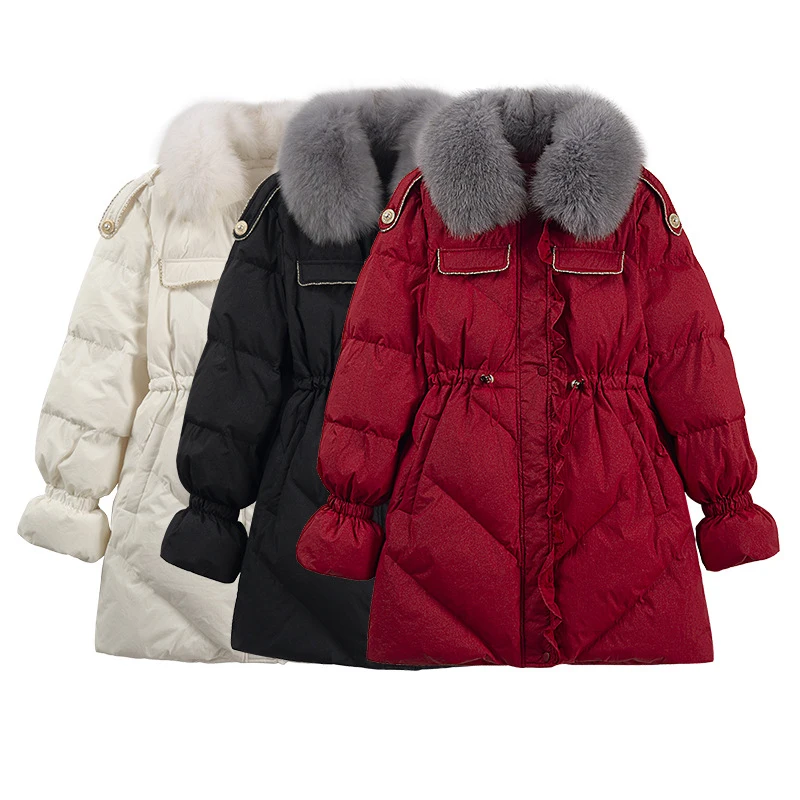 Fashion Down Coat Fur Turn Down Collar Drawstring Mid-Length Jacket White Duck Down Coat Female Sweet Casual Warm Outerwear