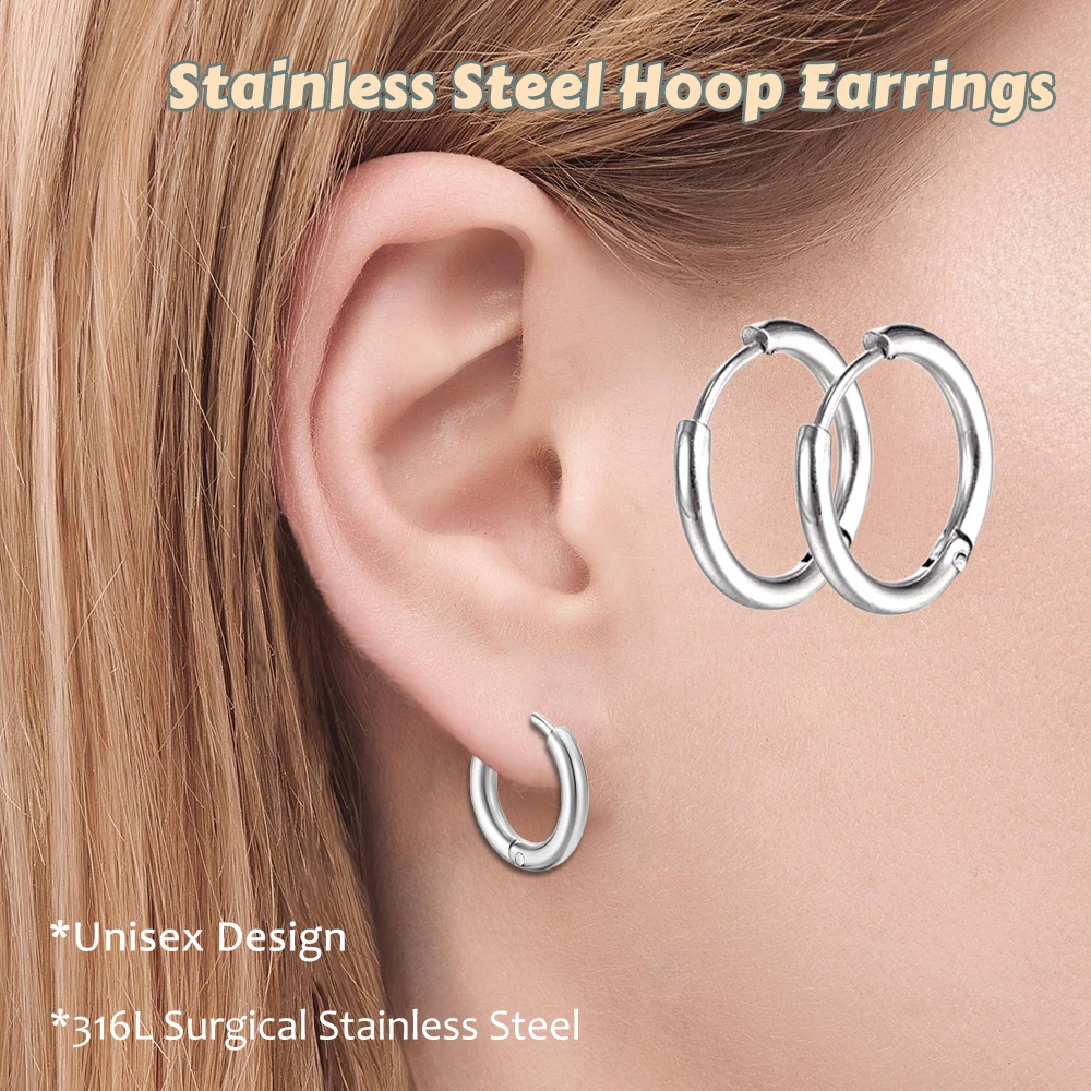 1 Pair Stainless Steel Hoop Earrings for Women Men Round Punk Huggies Earring Piercing Minimalist Jewelry 8 10 12 14 16 18mm