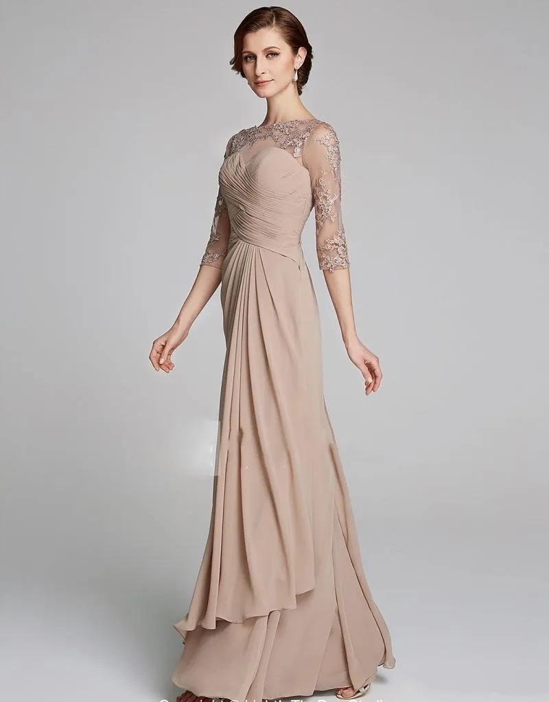 Modest Champagne Mutter der Braut Kleider Plus Größe Geraffte Spitze Applique EINE Linie Chiffon Hochzeit Gäste Kleid Mütter Formale