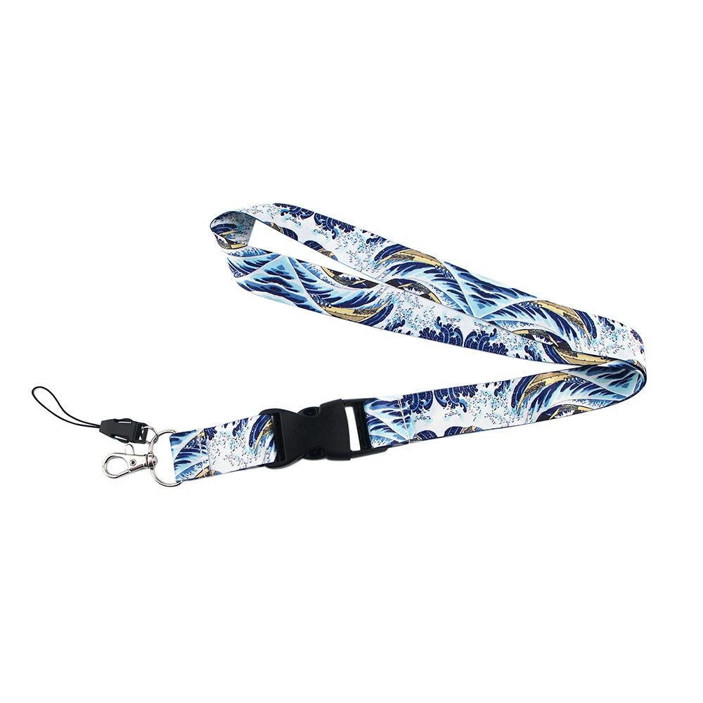 ER511 Blue Waves Painting Art Buckle Lanyard Credit Card ID Holder Bag Student Travel Bank Bus Business Card Cover Badge
