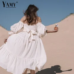 Summer long dress women puff sleeve white party dresses elegant ruffle vestidos streetwear korean fashion slash neck dress 2024