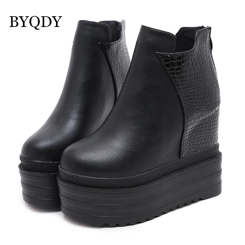 BYQDY 12.5cm obcas platformy buty jesień kobiety botki czarny wysokość zwiększenie wysokie obcasy Punk Style kliny kobiece buty