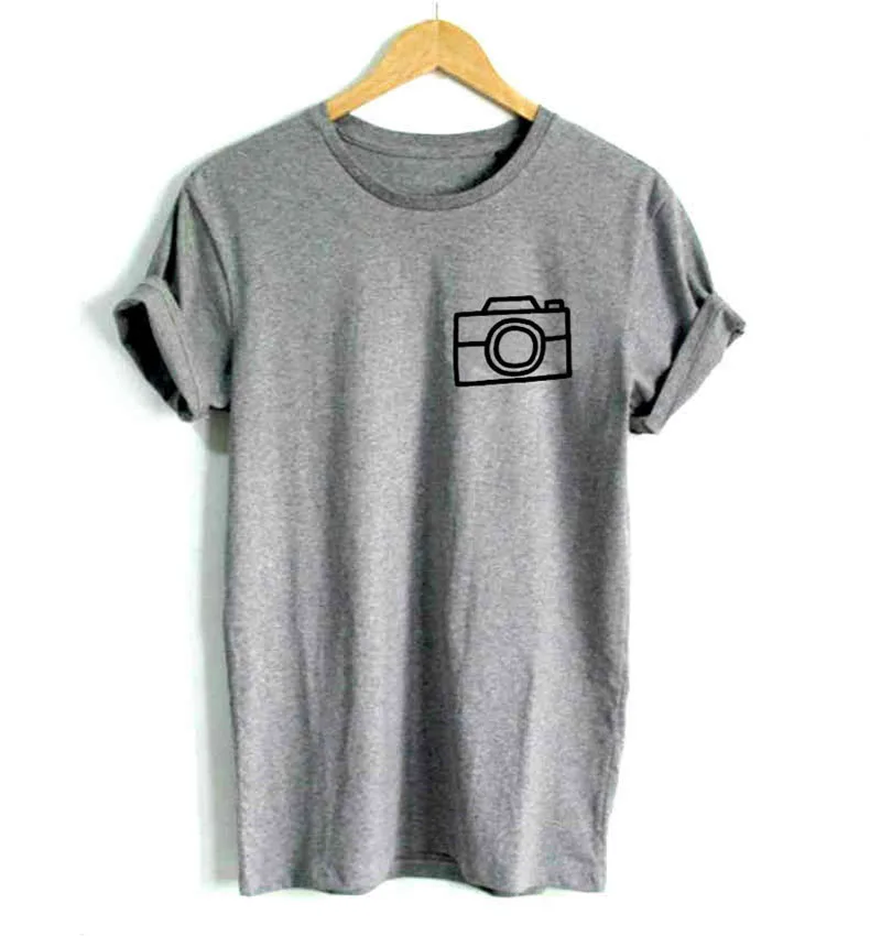 Camiseta divertida para mujer, camiseta con motivo de cámara de fotos para chica, Camiseta con estampado de bolsillo para mujer, camiseta Hipster informal Tumblr