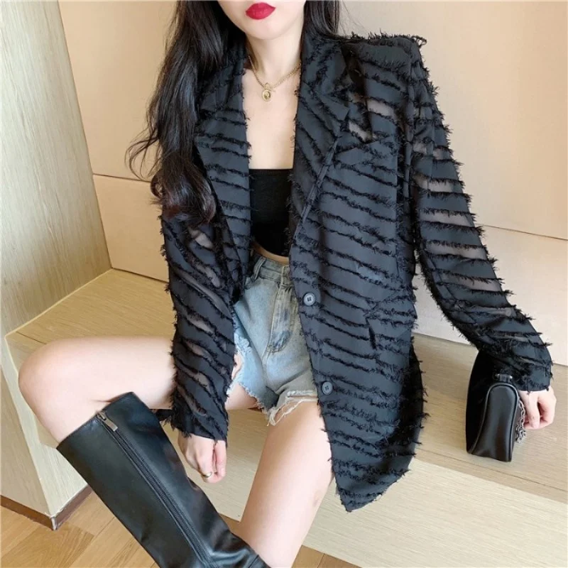 Casual Summer Long Sleeve Suit Jacket Office Ladies Elegant Striped Blazer Women Vintage Loose Black White Single Breasted Suit