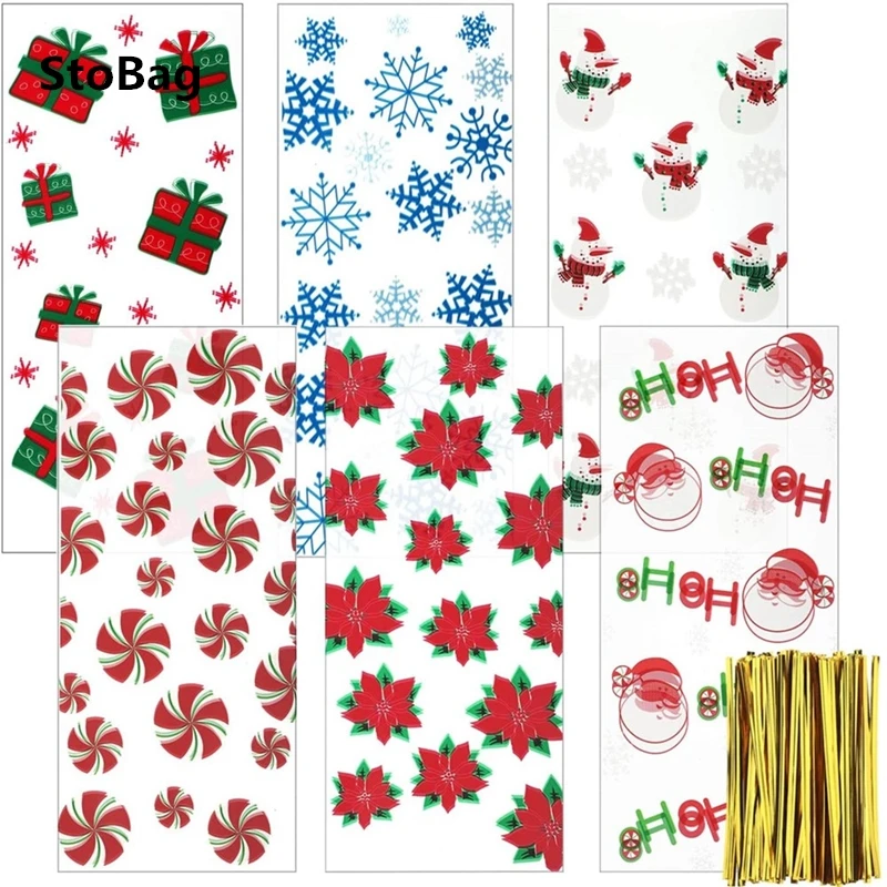 StoBag 50pcs Christmas Self-adhesive Candy Packaging Bags Plastic Event & Party New Year Handmade Cookie Gift Decoration