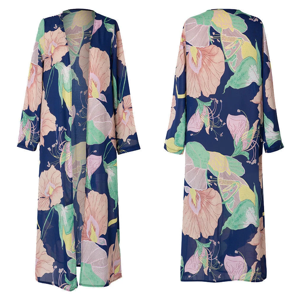 Neue frauen Chiffon Blusen Sommer Kimono Strickjacke Lange Hülse Hemd Floral Print Abdeckung Größe S-2XL