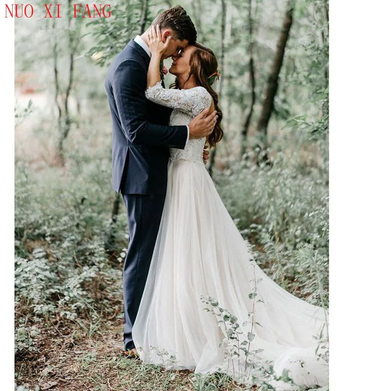 NUOXIFANG V Neck Lace Half Sleeve Boho Tulle Wedding Dress Open Back Simple Princess Bride Dress Custom Made Wedding Gowns 2022