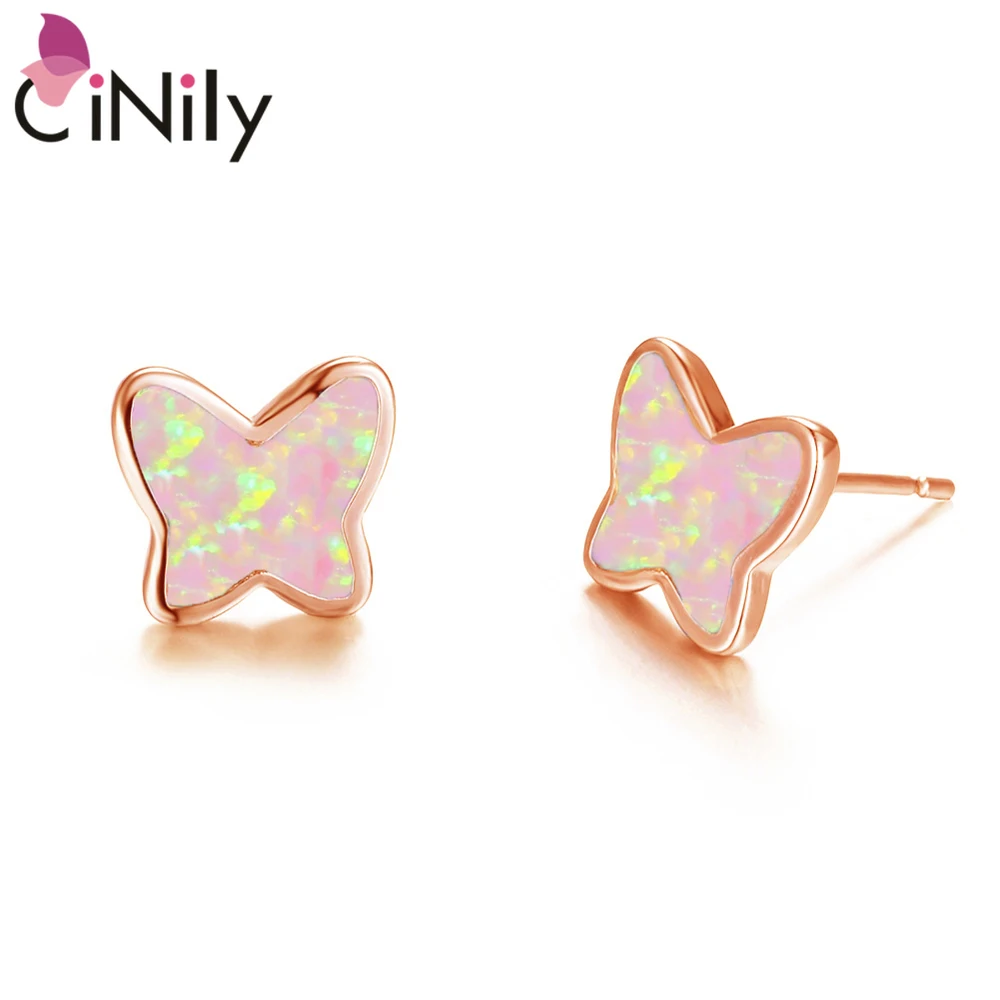 CiNily Pink/White Opal Stud Earrings Butterfly Rose Gold Colour Plated Fashion Jewelry for Girl Jewelry Anniversary Cute Gift