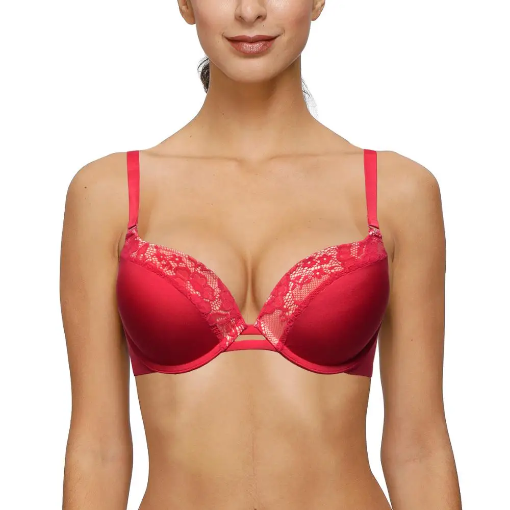 

Vgplay Red Bra Push Up Lace Bra Patchwork Sexy Plunge Padded Brassiere Adjusted-straps Underwear Plus Size C D DD E Cup