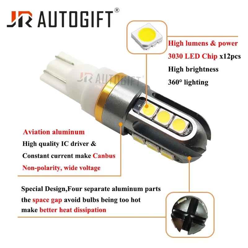 10xT10 W5W LED 194 168 Canbus Error Free LED Bulb 3030 12Chip 5W 12-24V Nonpolarity Car Interior Door Reading Light Parking Lamp