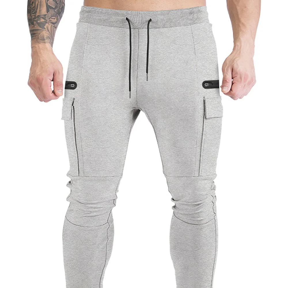 Men\'s muscle fitness running training sports cotton trousers men\'s breathable slim fit casual health pants pockets