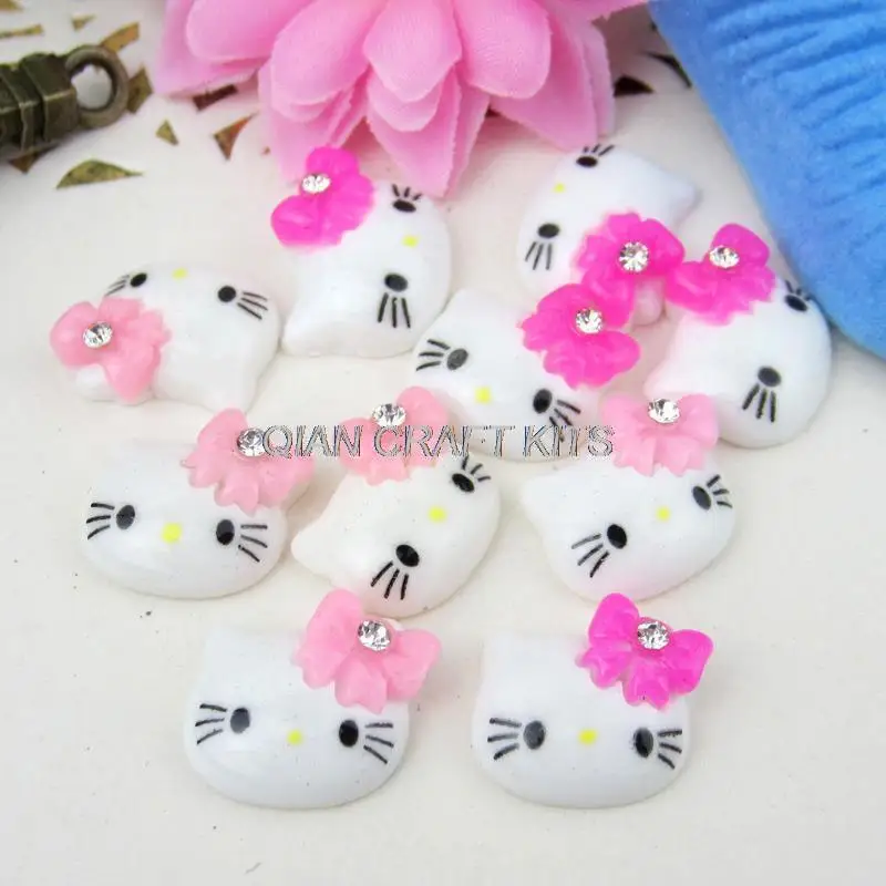 250pcs Lovely Pink Kitty w/ Rhinestone Bow Kawaii Resin Cabochons 15mm  Phone Decor, Hair Clips, Embellishment, DIY