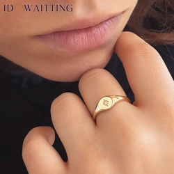 Gold Color Classic Simple North Star Starburst Signet Rings Micro Pave Clear CZ Fashion Women's Finger Jewelry