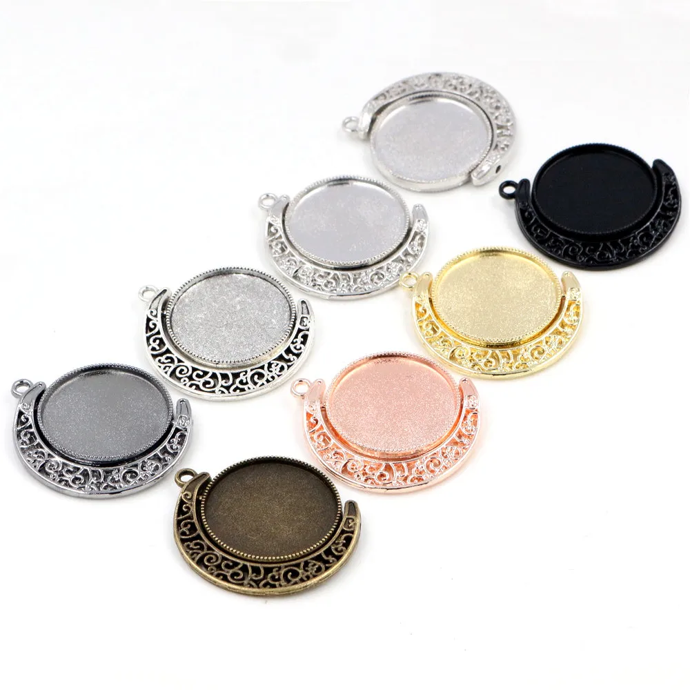 5pcs 18mm 25mm Inner Size Moon Rotation Double Side Antique Silver Plated 7 Colors Cameo Cabochon Base Setting Charms Pendant