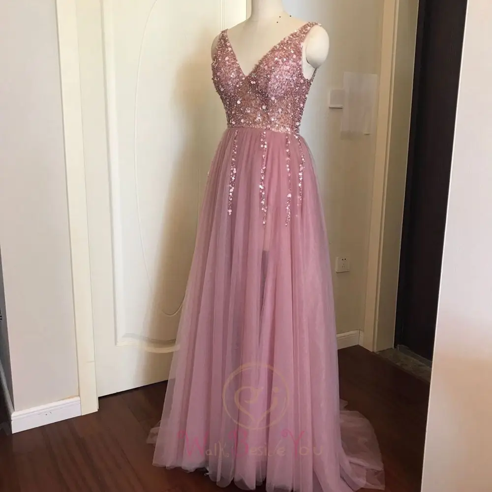 Pink Beading Prom Dresses, High Split Tulle, Sweep Train, vestido de noite sem mangas, A Lace Up, vestido sem costas, 2022, Plus Size