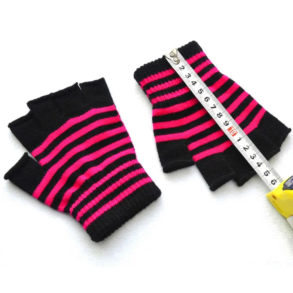 Unisex Fingerless Warm Winter Elastic Knit Mittens Thicken Striped Knitted Gloves