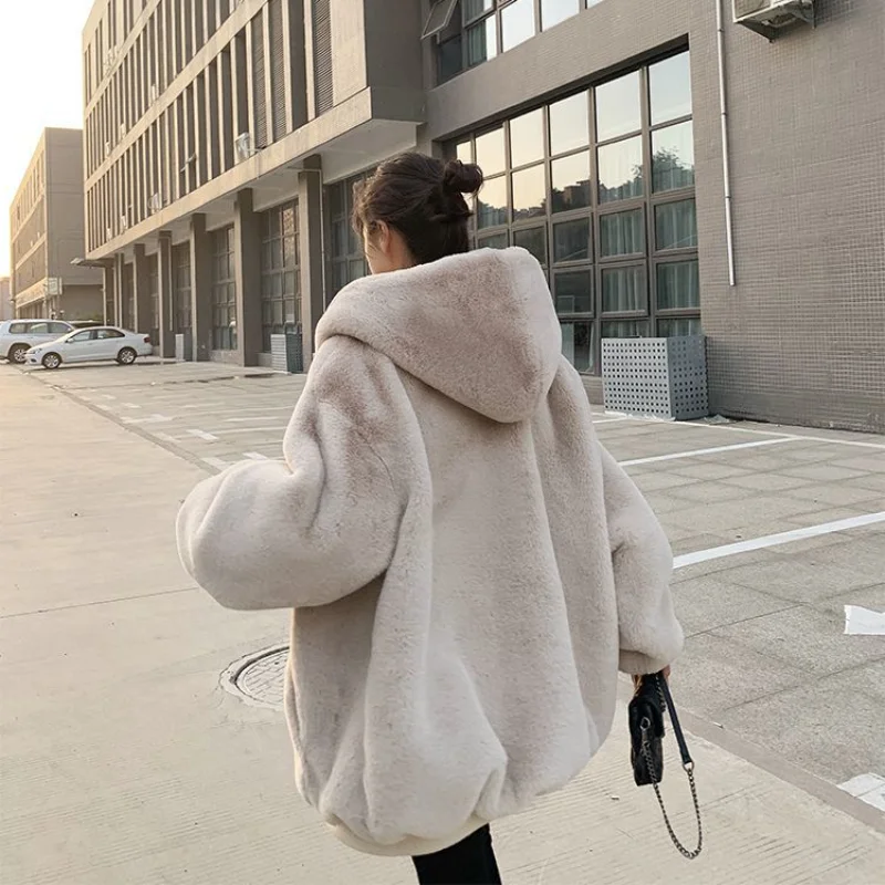 Fleece Jacket Winter Coat for Women Loose Women\'s Artificial Rabbit Fur Long Coat Casual Keep Warm Cotton Hooded Plush Jacket